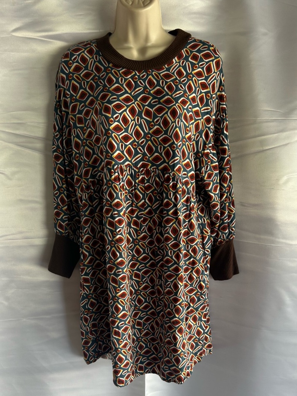 Uncle Frank Multicolor Geometric Long Sleeve Dress with Brown Ribbed Accents S/M